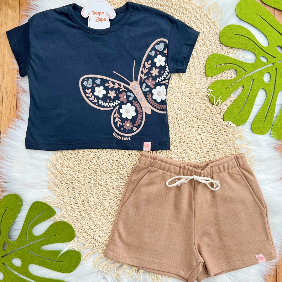 Conj. Blusa Borboleta e Short em Moletinho - Preto e Marrom